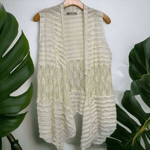 Mod'Land Women's size Medium Cream Sheer Ruffled Lace cascade Cardigan Vest